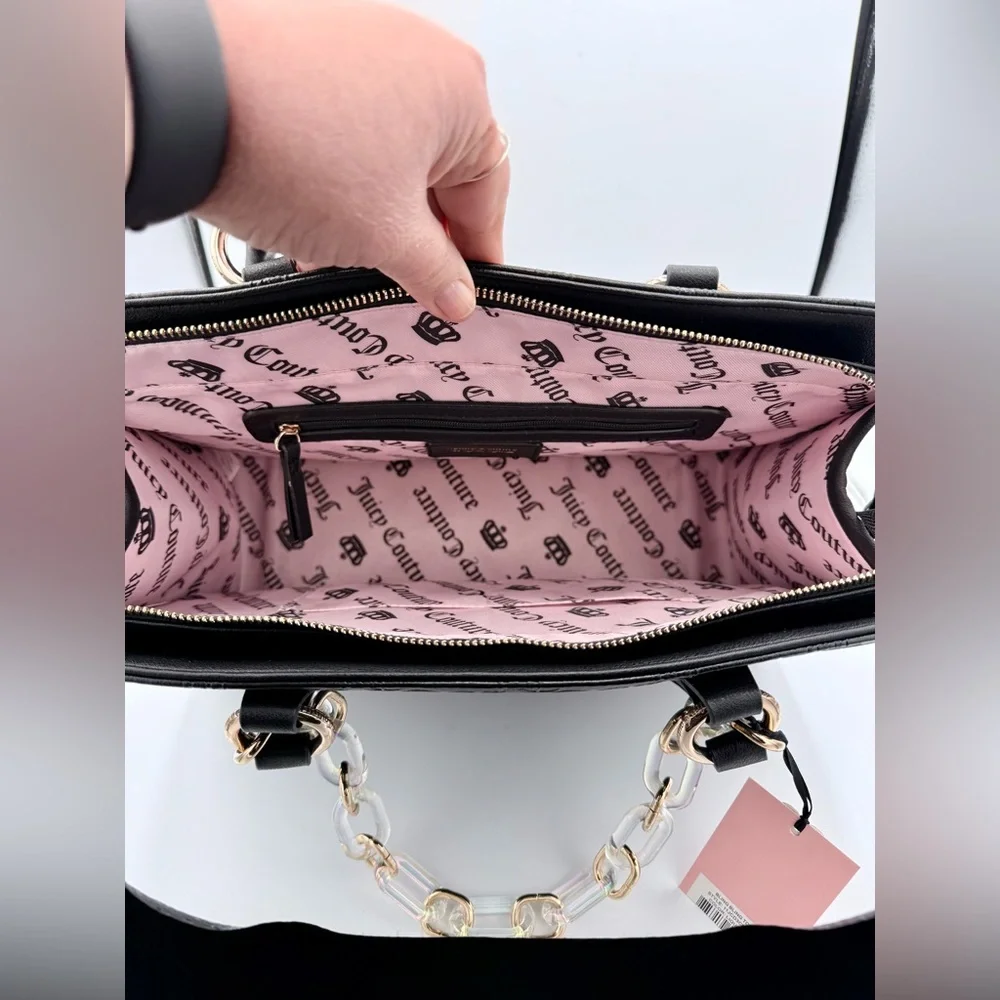 NWT Juicy Couture Black Monogram‎ Satchel Bag Chain Strap Rhinestone Logo